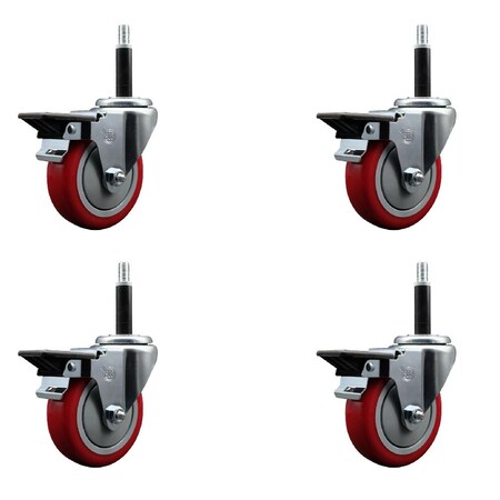 Service Caster 4'' Red Poly Swivel 3/4'' Expanding Stem Caster Set with Brake, 4PK SCC-EX20S414-PPUB-RED-PLB-34-4